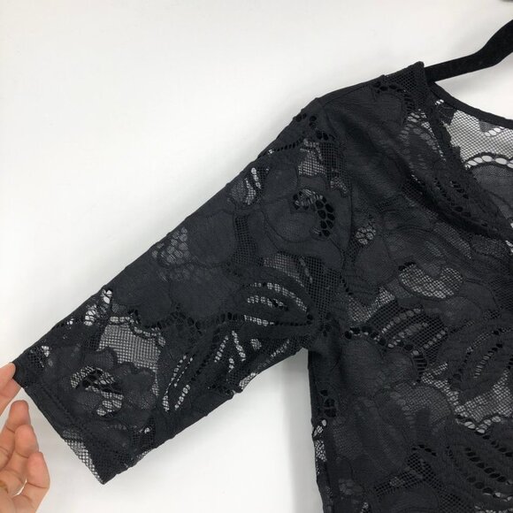 NWT Guess Black Lace Up Sheer Floral Lace Corset Bodysuit Mesh 1/4 Sleeve size S - Picture 6 of 16